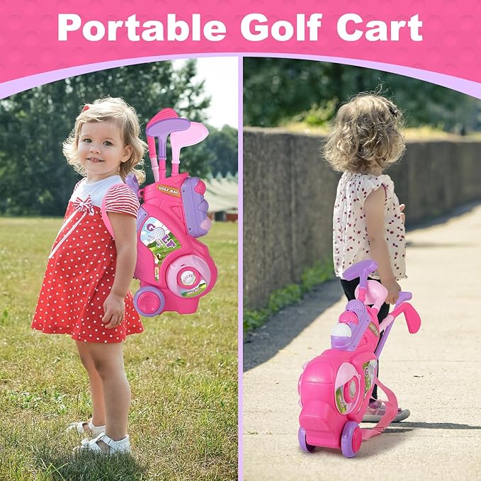 Toddler Golf Set for Boys Girls 1 2 3 4 Years Old, Upgraded Kids Golf Cart with Putting Mat & Cornhole Board, Outdoor Indoor Sports Toys, Pink