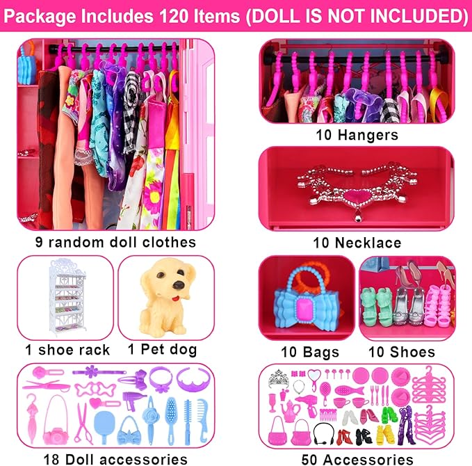 Ecore Fun 120 Pcs Fashion Doll Closet Wardrobe for Clothes and Accessories Storage Include Clothes, Dresses, Shoes, Shoes Rack, Bags, Necklace, Hangers for 11.5 Inch Girl Doll Clothes