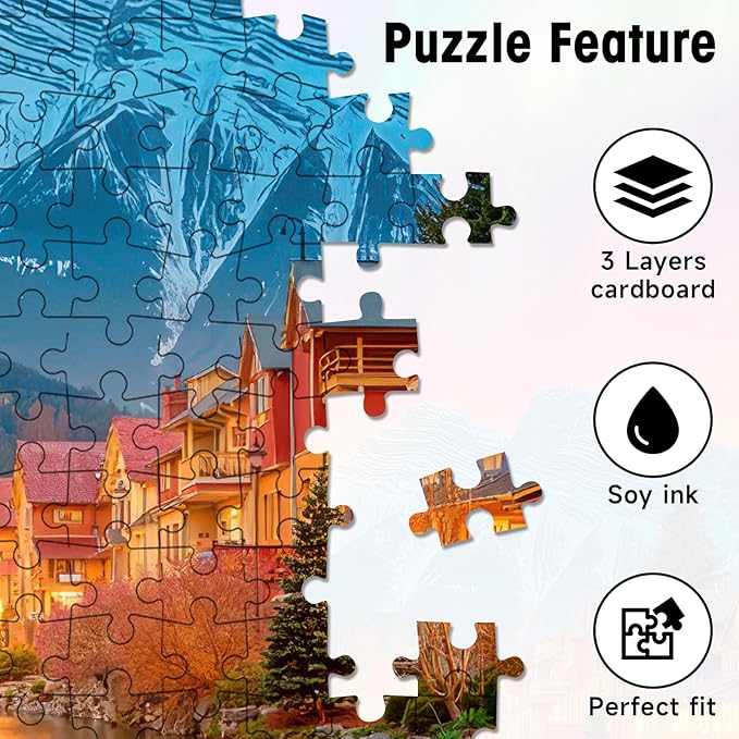 Puzzles for Adults 1000 Pieces, Northern Lights Aurora Over Mountain Village Winter Landscape Jigsaw with Letters on Back, 20x28 Inch Wall Art, Challenging Relaxing Family Game
