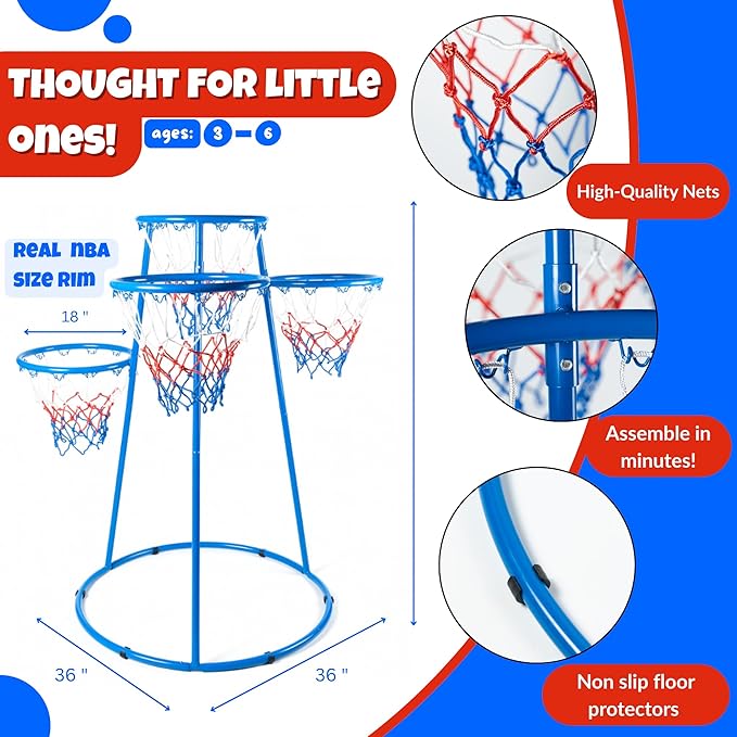 Activejoy- 4 Hoop Basketball Set - Toddler Basketball Hoop Indoor - Outdoor Play Preschool - +3 Years Old Toy. Includes 2 Balls and air Pump