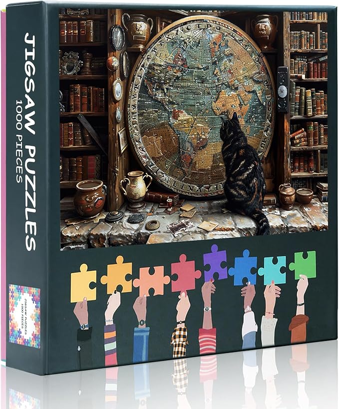 Curious Cat Puzzles for Adults 1000 Pieces, Vintage World Map Jigsaw Puzzles, Adult Puzzle for Adults, Educational Fun Games or Toys for Elders Friends 20X27 INCH