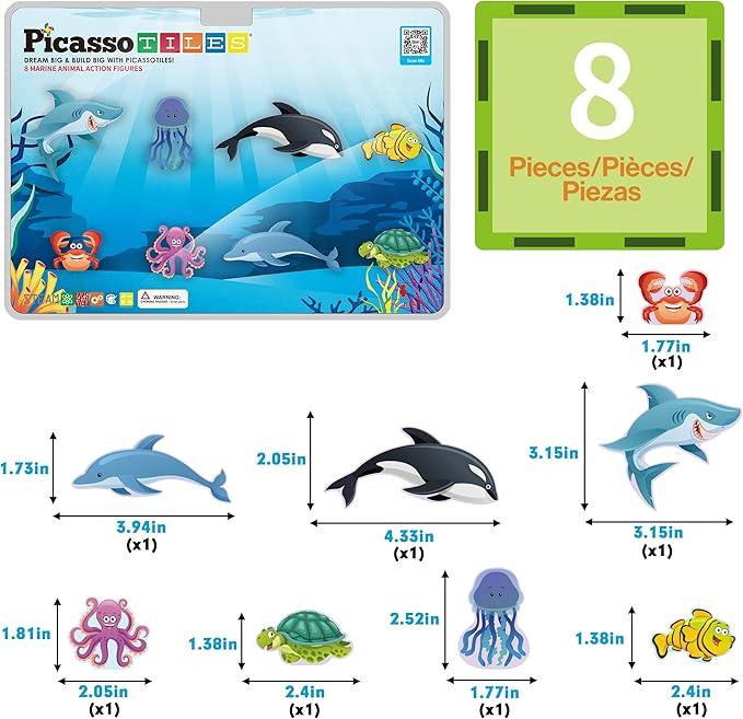 PicassoTiles Magnet Tile Building Blocks 8 Marine Animal Action Figures Compatible Magnetic Accessory Playset Tiles Kids Toys STEM Educational Learning Preschool Toddler Girls Boys Age 3+ PTA25
