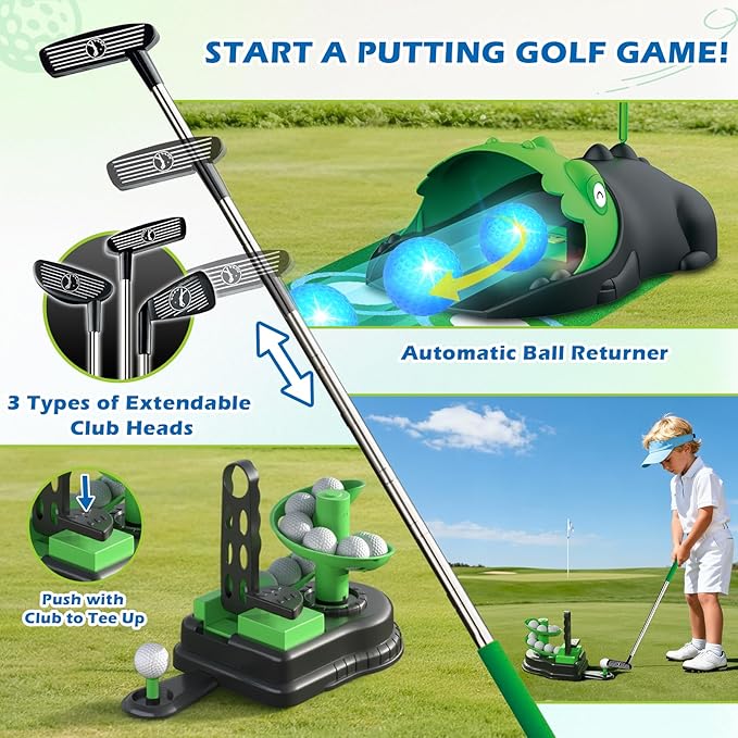 Upgraded Kids Toy Golf Set, 3 in 1 Golf Toys with Dinosaur Automatic Ball Returner & Ball Launcher Led Light Up Balls, Mini Golf Toy for Ages 3-8, Indoor Outdoor Sports Gift for Boys Girls