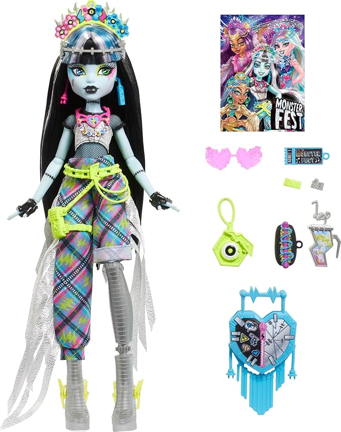 Monster High Monster Fest Doll, Frankie Stein with Glam Outfit & Festival Themed Accessories Like Snacks, Band Poster, Statement Bag & More