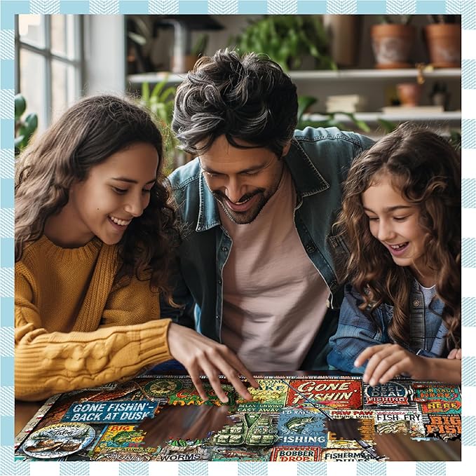 White Mountain 1000 Piece Jigsaw Puzzle Vintage Fish Signs Collage Puzzles with Large Pieces Gift for Adults and Family 24"x30" - I Love Fishing
