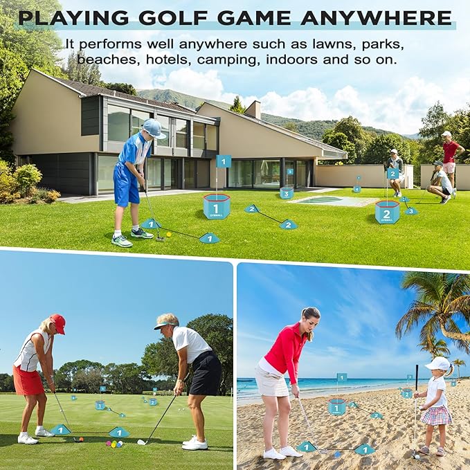 Golf Bucket Yard Game - Backyard Set for Kids, Adults and Family - Outdoor and Indoor Portable 9 Holes Course With Balls, Flags and Carry Bag for Lawn, Park, Beach and Hotel - Blue