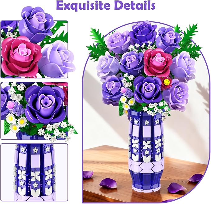 Purple Roses Flowers Building Set with Vase & LED Light, 17 Mini Flowers Bouquet Building Blocks Toy for Adults, Artificial Flowers for Home Office Decor & Display, Gifts for Women & Men