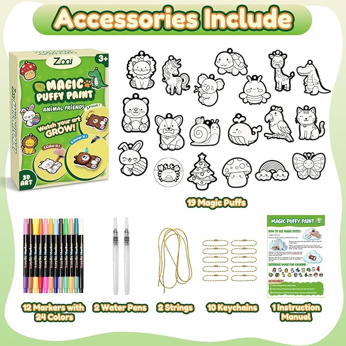 ZOOI Gifts for Kids Magic Puffs Animals, Crafts for Kids Ages 4-8, 3D Art Kit DIY Color Inflate Activity, 19 Mess-Free Paint by Number Craft for Kids, Travel Creative Gift for Girls Boys Ages 3-12