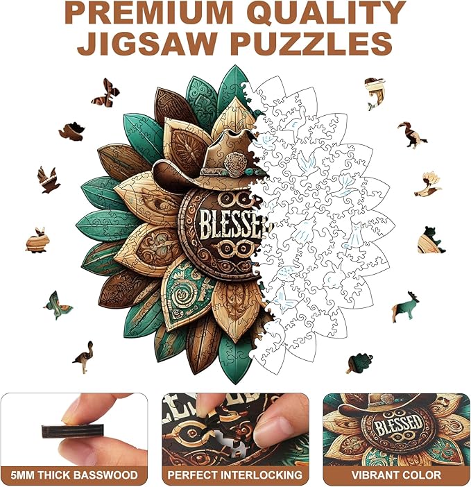 200 Pieces Blessed Wooden Puzzles for Adults, Cowboy Hat Unique Shaped Wooden Jigsaw Puzzles for Adults, Irregular Adult Wood Puzzle Creative Gift with Exquisite Wooden Box
