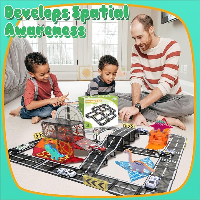 Magnetic Tiles Road Set with Pullback Car, Magnetic Blocks for Kids Ages 4-8, Magnet Tiles for Preschool STEM Building Toy, Autism Learning Sensory Montessori Toys Gift for Toddler Boys and Girls