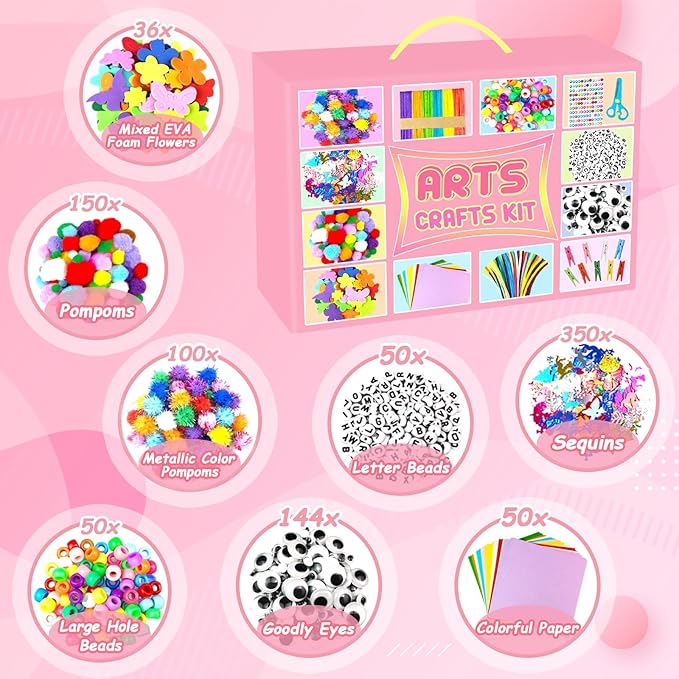 BNUZEIYI 2000 PCS Arts and Crafts Supplies for Kids All-in-1 Craft Kit with Pipe Cleaners Craft Box Set DIY Crafting Supply School Supplies Toys Gifts for Girls Boys Ages 4-6, 6-8, 8-12, Pink