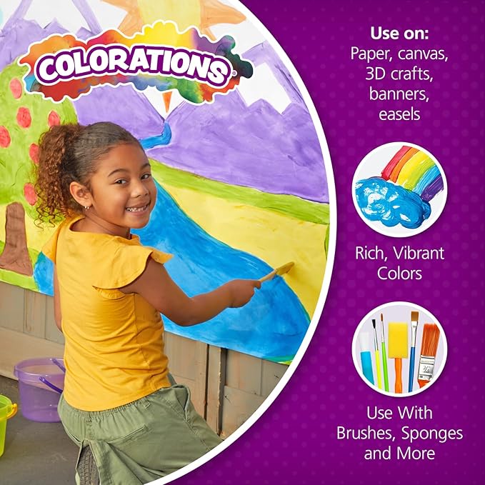 Colorations Washable Tempera Paint Set, 6 Colors, Non-Toxic, Vibrant, Kids' Art Supplies