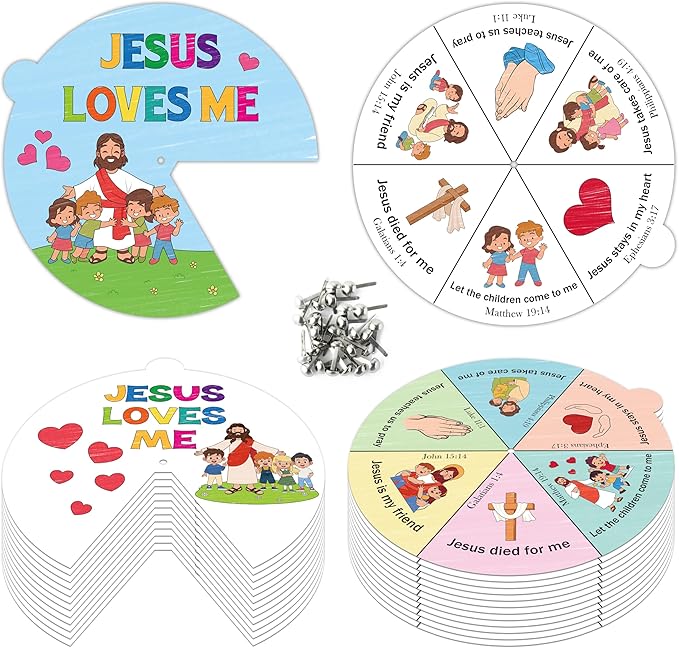 COcnny Religious Coloring Wheel Craft- 24 Sets Color Your Own Christian Art Craft DIY Coloring Cards for Kids, Jesus Loves Me Paper Craft Art for Sunday School Home Class Biblical VBS Activities