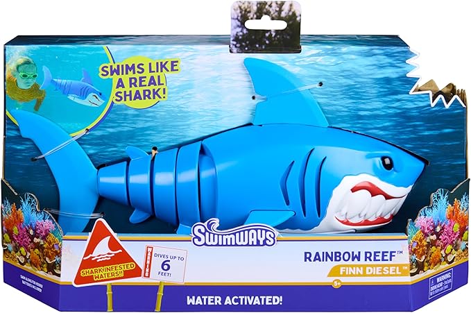 SwimWays Rainbow Reef Shark Toy, Finn Diesel Kids Shark Pool Toy and Swimming Accessory, Self-Activated Water Toys, Learn to Swim Pool Toys for Kids Ages 5 & Up (Batteries Included)