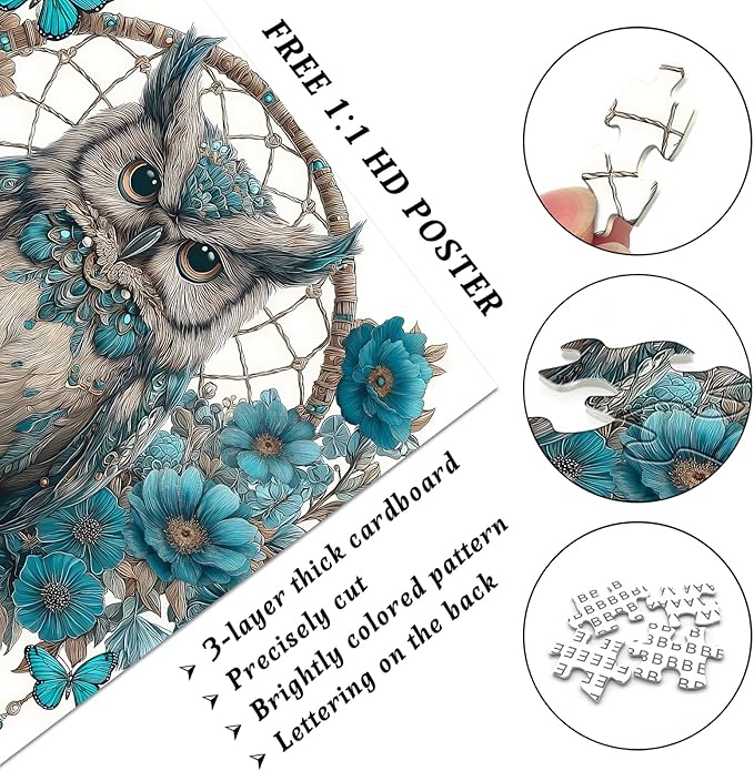 Owl Puzzles Adults 1000 Pieces, PICKFORU Owl Dreamcatcher Jigsaw Puzzle Floral Art Puzzles, Blue Butterfly Flower Animal Puzzle Adults Challenge