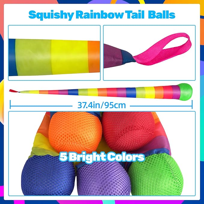Wholelovein 37.5inch Throw and Catch Balls with Rainbow Tail, Soft Sports Play Comet Balls Playground Toys Bulk for Kids Adults Games and Activities