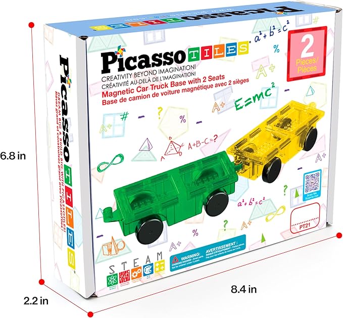 PicassoTiles 2pcs Magnetic Tiles Expansion Car Truck Building Blocks Compatible with regular bricks, Kids Magnet Bricks STEM Learning Toys, Add-ons Toddler Preschool 3 Years and up Boys and Girls PT21