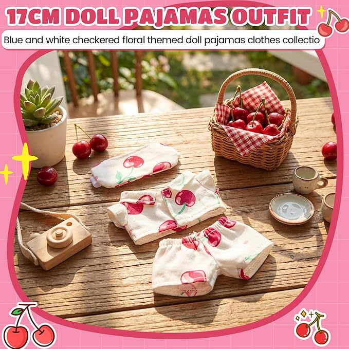 Simgoing 17cm Doll Clothes Pajamas Set with Pants Eye Mask Good Night Bedding Clothes Outfit Gifts Fits 17cm Dolls Accessories for DIY Dress up Lovers(Cute Cherry)