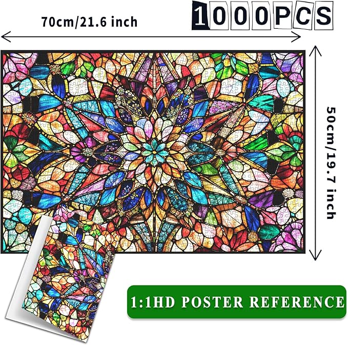 Impossible Jigsaw Puzzles for Adults 1000 Pieces-Stained Glass Puzzles Floral Hard Challenging Puzzles with Letter on Back, Difficult Jigsaw Puzzle 1000 Pieces Puzzle for Adults with 1:1 Poster