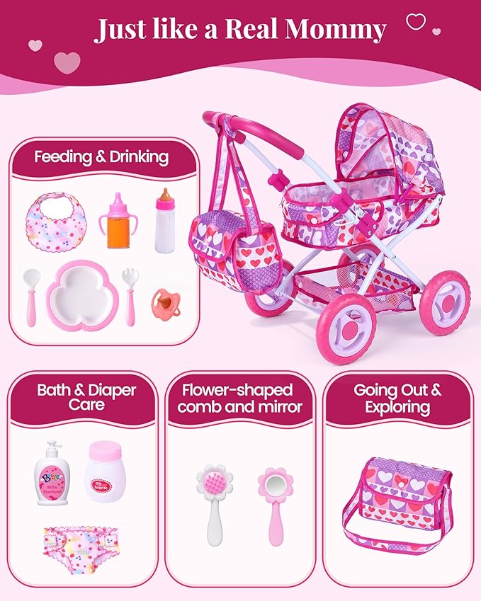 BABESIDE Baby Doll Stroller Set, 10-Piece Portable Doll Stroller with Baby Doll Accessories for Pretend Play, Feeding & Care Playset for Girls 3+, Fits 12-Inch Dolls (Doll Not Included)