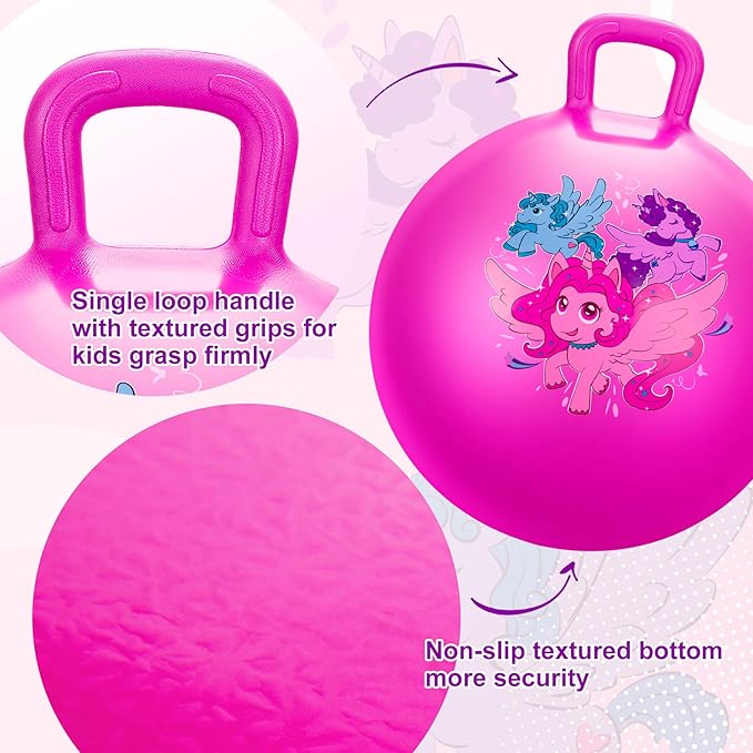 ZOOJOY Hopper Ball for Kids, 18 Inch Bouncy Ball with Handle, Pink Unicorn Girls Toys for Indoor Outdoor Acitve Play with Pump, Easter Basket Stuffers Girls Boys Gifts for 3 4 5 6 7 8 Yr Balance Toys