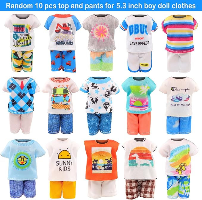 Miunana 22 PCS 5.3 Inch Boy Doll Clothes for 6 Inch Doll Top and Pants Handmade Casual Wear 10 Sets Fashion Outfit for 4-6 Inch Clothes and Accessories with 2 Pairs of Shoes