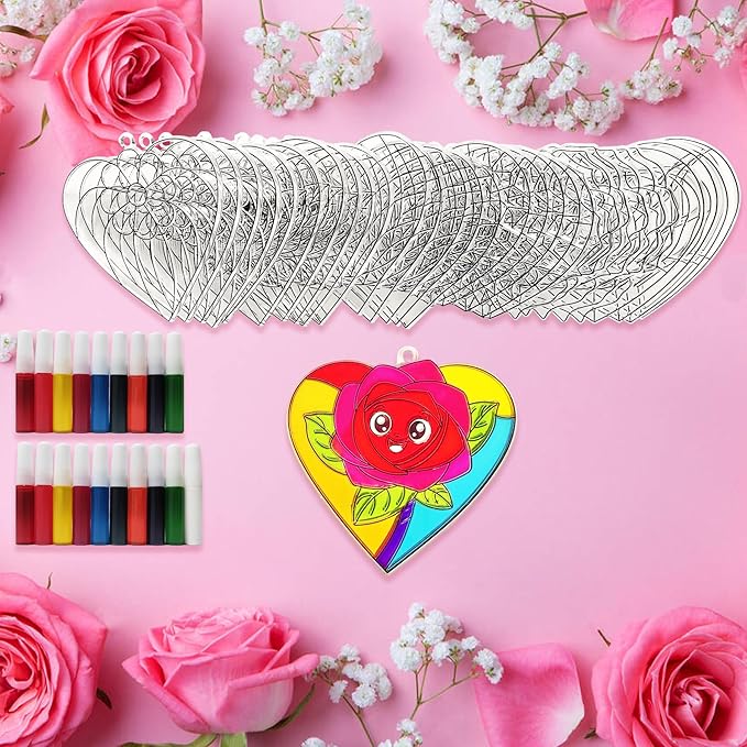 Ayhuhra 30 Sets Valentine's Day Suncatcher Craft Flowers Heart Suncatchers Glow in The Dark Valentines DIY Window Paint Art Suncatchers for Valentine Gift Exchange Mother's Day Art Craft Supplies