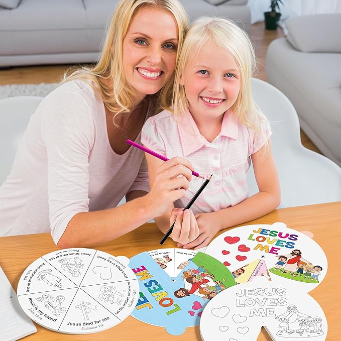 COcnny Religious Coloring Wheel Craft- 24 Sets Color Your Own Christian Art Craft DIY Coloring Cards for Kids, Jesus Loves Me Paper Craft Art for Sunday School Home Class Biblical VBS Activities