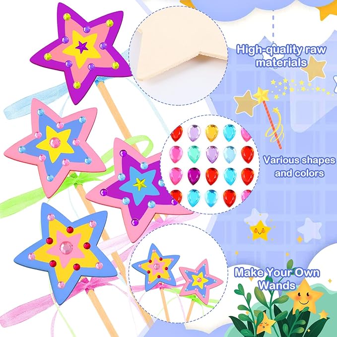 Chinco 57 Pcs Star Princess Fairy Wands Kit Make Your Own Princess DIY Art Craft Magical Wand Include 18 Star Wooden Fairy 9 Gem Stickers 20 Ribbons 10 Markers Party Supply