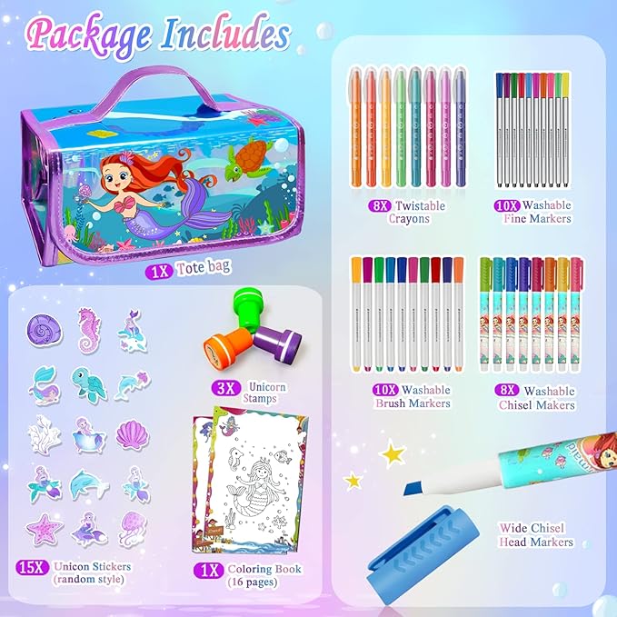 weirtoya 56 PCS Washable Scented Markers Set with Glitter Pencil Case, Mermaid Unicorn Arts and Crafts for kids 4-6-8 Kids Coloring Drawing Kits for 4-8 Years Old Girls Birthday Gifts (Mermaid, 56)