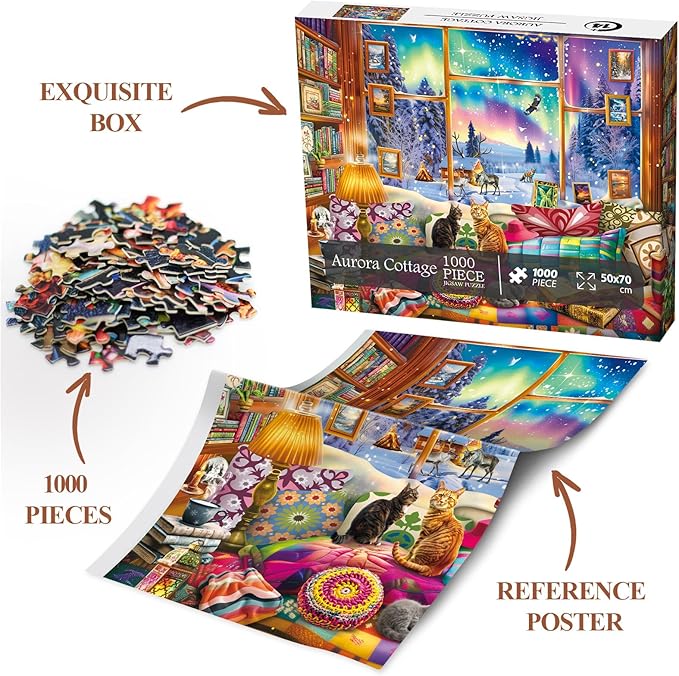 Winter Book Nook Puzzle 1000 Piece for Adult, Cozy Cabin Northern Lights Jigsaw Puzzle, Cat Animals Puzzles