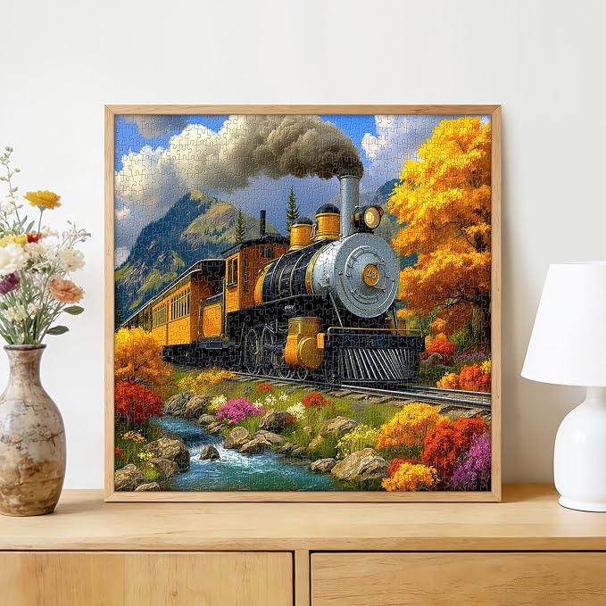 Autumn Steam Train 1000 Piece Puzzle for Adults - Vintage Locomotive Art, Mountain Stream Fall Scene, Poster & Lettered Back, 22.8" Square HD, Gift for Train & Nature Lovers