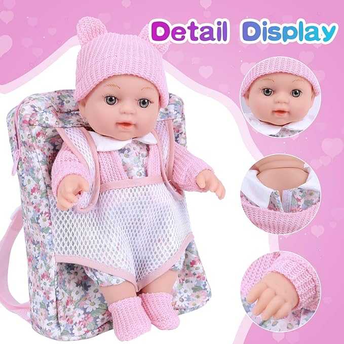 BDDOLL 12 Inch Baby Doll Backpack Playset with Dolls Clothes and Accessories Included Backpack, Washcloth, Bottles, Nipple,Socks, Hats