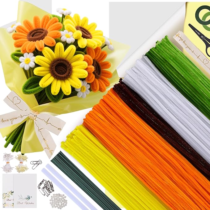 500 Pcs Pipe Cleaners Craft Kit for Flower Making, Complete DIY Bouquet Set with Chenille Stems, Craft Wire, Stamen, Tape, Ribbon & More, Perfect for Arts, Handmade Gifts & Decorations