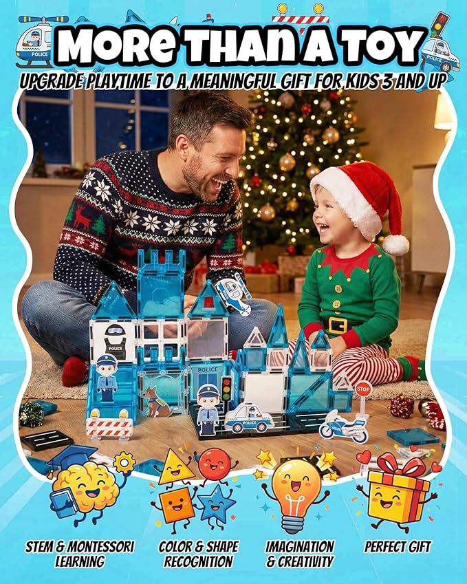 Magnetic Tiles for Kids Ages 3+, Police Magnetic Tiles Building Blocks with City Scene Pieces, Police Officer Elements & Accessories, STEM Toys for Toddlers, Ideal Gift for Boys and Girls