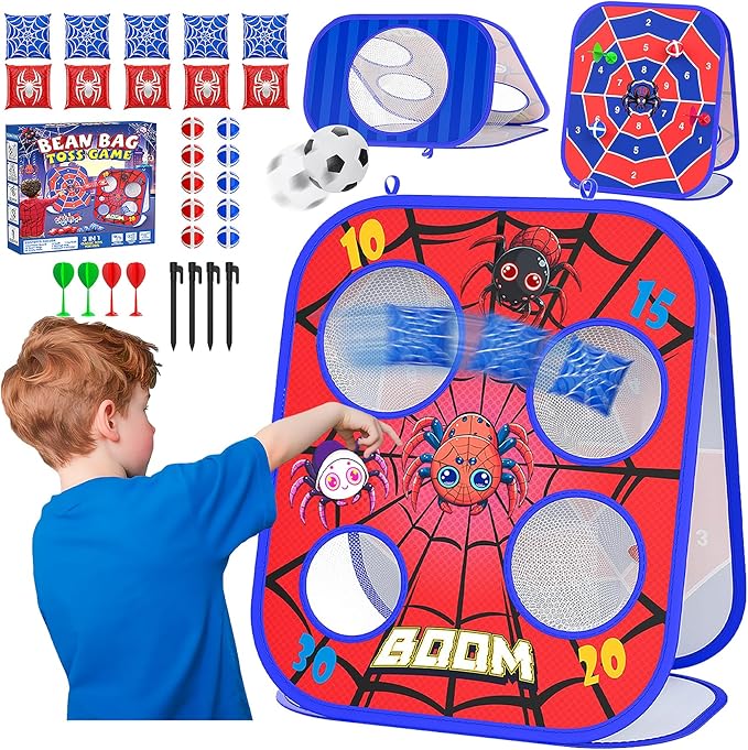 Spider Bean Bag Toss Game, 3-1 Cornhole Board Outdoor Toys for Kids, Family Party Activity Toddler Yard Backyard Beach Lawn Party Camping Game Toys for 3 4 5 6 7 8 Year Old Boys Girls Birthday Gift