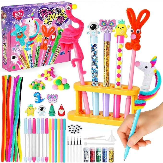 Alritz DIY Pen Making Kit for Kids, Floating Glitter & Pipe Cleaner Craft Kit, Educational Art Toy, Safe All-in-One Supplies, Easter Birthday Party Back to School Gift for Girls and Boys Ages 8-12