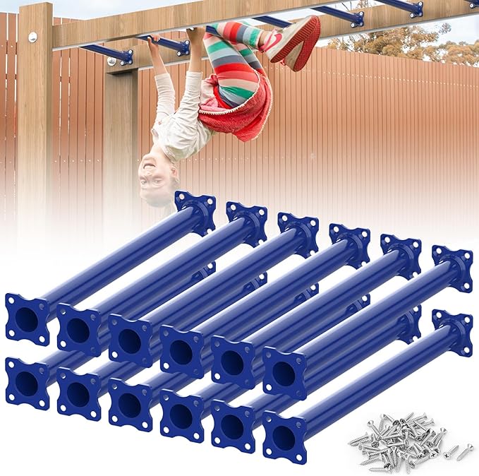 16.5 Inch Monkey Bars Kit Playground Ladder Rungs for Backyard Indoor Outdoor Kids Metal Monkey Bars Swing Set Playset Accessories (Dark Blue, 12 Pcs)