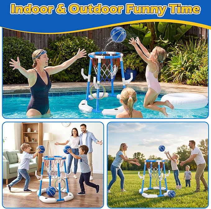 Floating Pool Basketball Hoop, 2-in-1 Basketball Pool Toys for Kids with 4 Balls 12 Rings, Summer Outdoor Swimming Pool Sports Game Water Play Toys for Kids Age 3-12