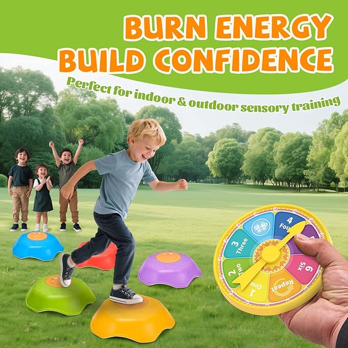 Stepping Stones for Kids - Anti-Slip Toddler Balance Stones with Squeaky Sound - 5pc Crab Sensory Toys for Indoor & Outdoor Play - Montessori Gross Motor Skills Obstacle Course for Boys Girls Toddlers
