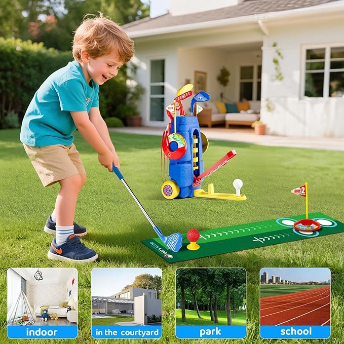 Kids Golf Clubs Set, Toddler Golf Toys With 8 Balls 3 Golf Clubs 1 Cornhole Board Putting Mat, Indoor Outdoor Sports Game, Upgraded Golf Cart And Shoulder Strap, Mini Golf Kit Gift For Boys Girls 3+