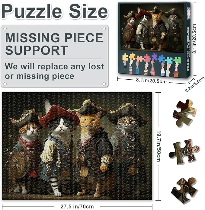 Pirates Cat Puzzles for Adults 1000 Pieces, Group of Cats Jigsaw Puzzles, Costume Party Adult Puzzle for Adults, Educational Fun Games or Toys for Elders Friends 20X27 INCH