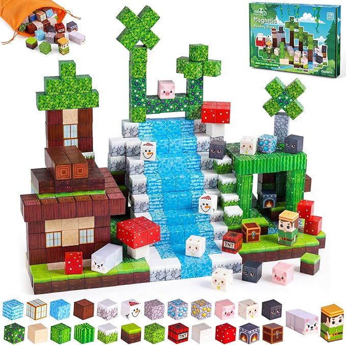 3 otters Magnetic Blocks 150PCS Forest Adventure Set, STEM Magnet Cubes & Magnetic Tiles Build Forest World Toys for Kids, Sensory Stacking Gifts for Boys & Girls Birthday