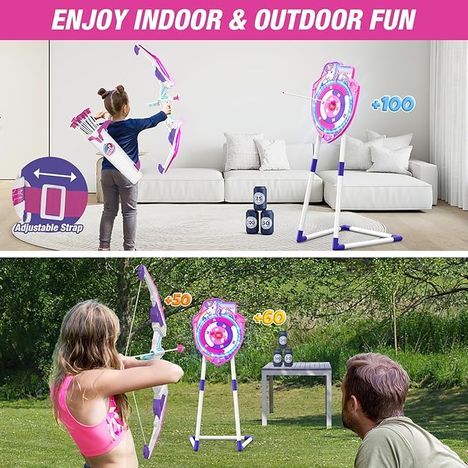 Bow and Arrow for Kids, LED Light Up Unicorn Archery Set with 12 Suction Cup Arrows, 1 Standing Glow Target, 3 Score Targets & 1 Quiver, Indoor Outdoor Sport Toys for Boys Girls Ages 4-12