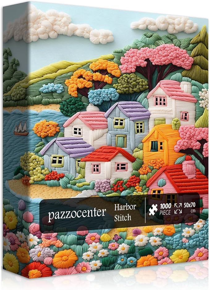 Embroidery Village Jigsaw Puzzle 1000 Pieces, Seaside House Scenery Puzzles for Adults, Beach Coastal Landscape Puzzles with Flower Tree Sailboat, Colorful Village Floral Wall Decor