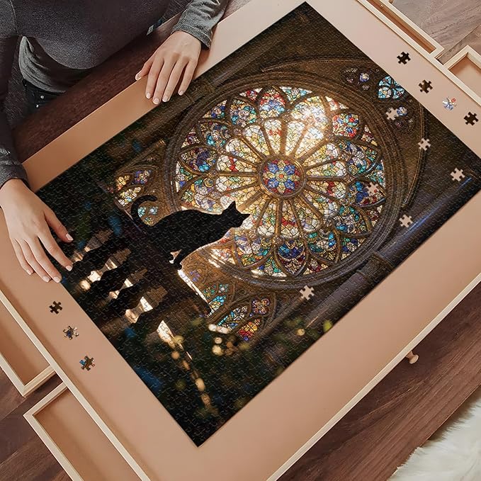 1000 Piece Jigsaw Puzzle, Black Cat Silhouette in Cathedral Stained Glass Window, Gothic Church Art Puzzles, with HD Poster, Storage Bag & Gift Box, Family Puzzle Decoration(27.56x19.7 Inch)