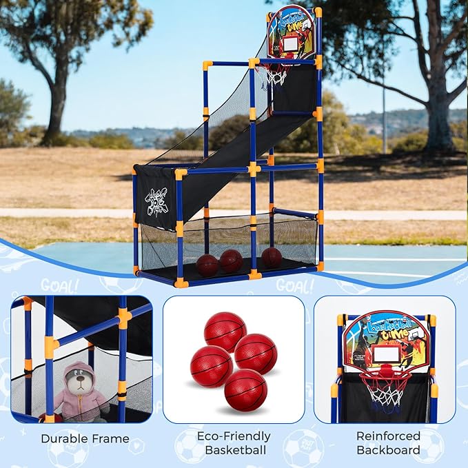 Basketball Arcade Game Set with 4 Balls – Indoor & Outdoor Basketball Hoop and Dart Game, Height Adjustable Sports Toy with Ball Return Ramp for Boys & Girls Ages 3+