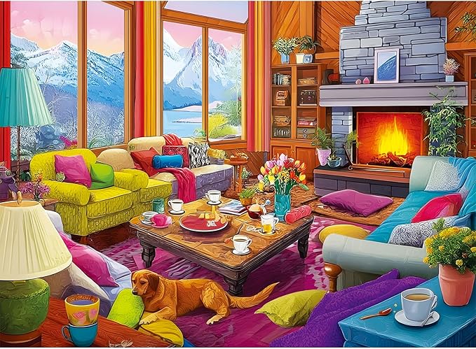 300 Piece Puzzles for Adults,Rustic Lodge Cozy Fire Puzzle for Adults Kids Seniors,Large Piece Fireplace Room Puzzle for Kids 8-10 10-12,Challenging Sofa Dog Puzzles Perfect for Game Nights, 20.5x15