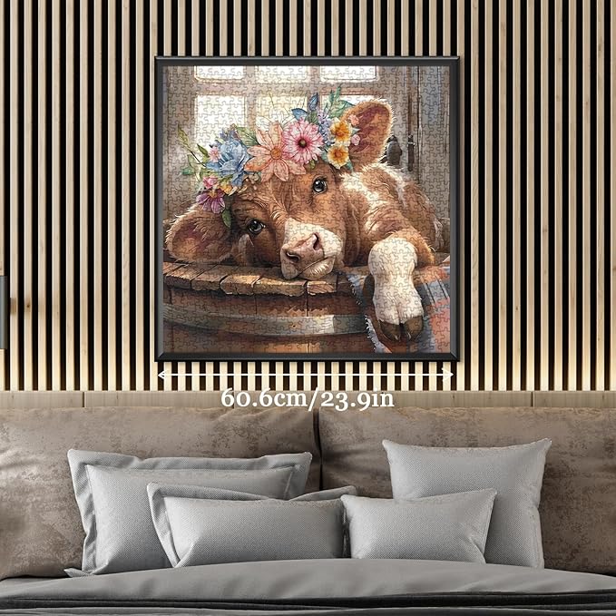 Cute Highland Cow Puzzles for Adults 1000 Pieces, Art Colorful Flower Animal Cattle Jigsaw Puzzle, Funny Plant Wildflower Pages Calf Puzzle