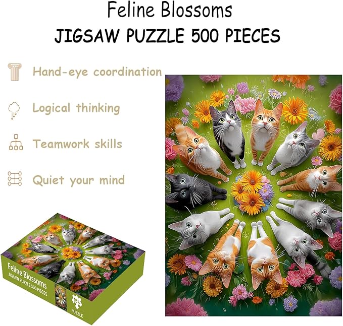 Puzzles for Adults 500 Pieces, Cat Jigsaw Puzzles - Feline Blossoms, Impossible Flower Puzzle for Seniors Family, 20.47 x 14.96 inches, 1:1 Poster, Letter on the Back